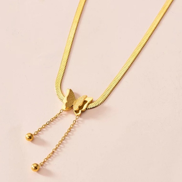 Butterfly Pendant Split Herringbone Gold Necklace - Picture 2 of 6